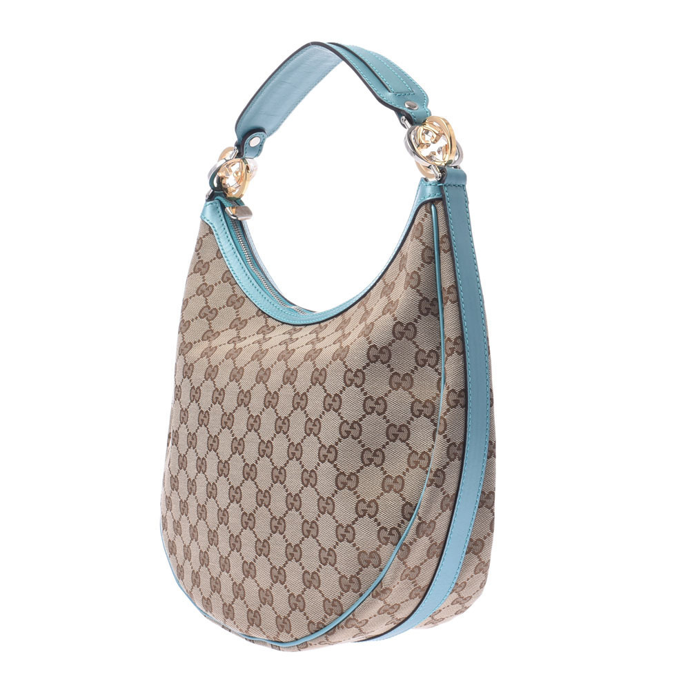Gucci Hobo Bag Shoulder GG Beige Tan Blue Canvas